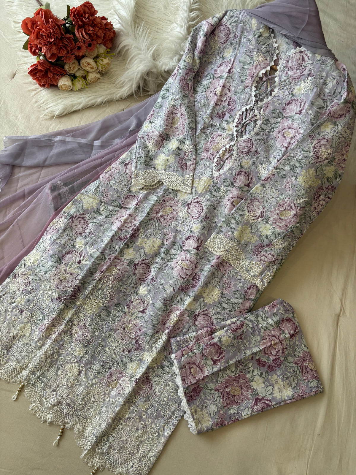 Lace Trimmed Floral Suit-Set-5001