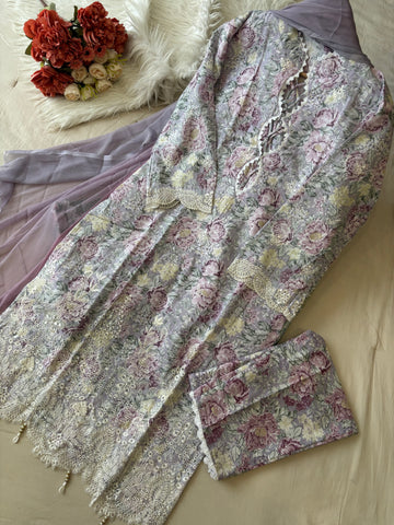 Lace Trimmed Floral Suit-Set-5001