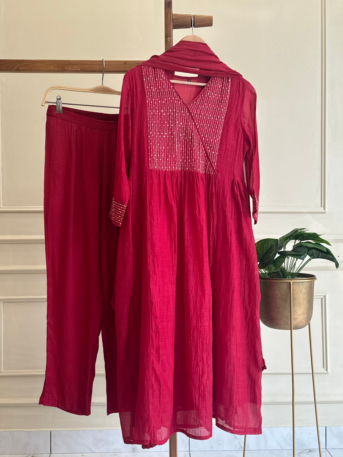 Premium mul chandheri handworked anarkali suit -cherry red 4426