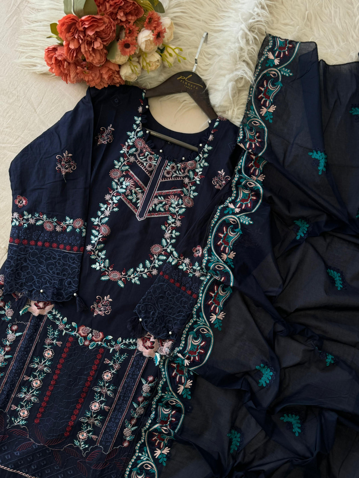 Premium Embroidered Pak-Suit Ft. Cotton Dupatta-Blue - Pehnava Lawns