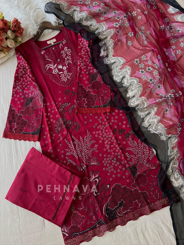 Red Printed Embroidery Cotton Suit With Chiffon Dupatta -1060 - Pehnava Lawns