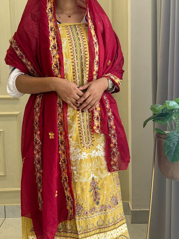 Yellow Semistitched Cotton Fully Embroidered Suit