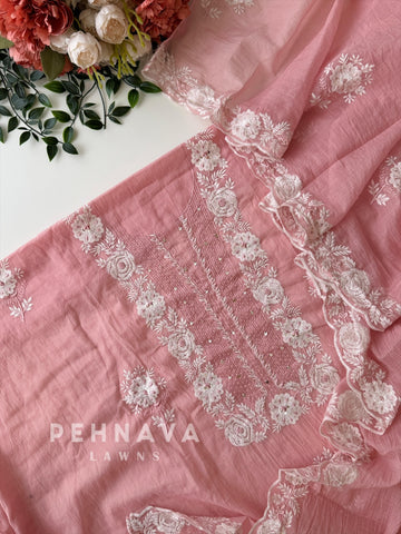 White‑thread Embroidery Unstitched Chanderi Suit-2630