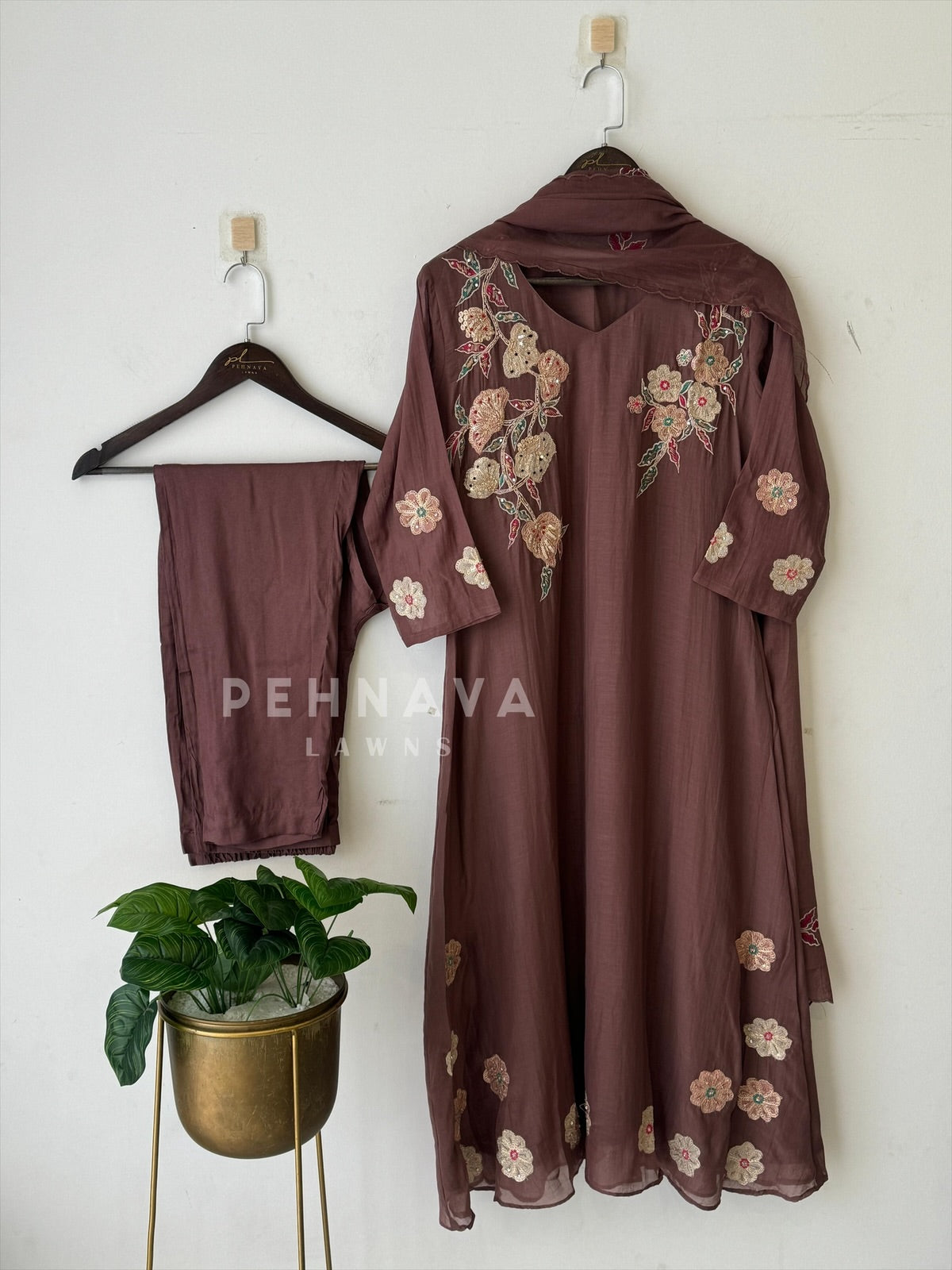 Brown Chanderi Kurtha Suit Set-3181