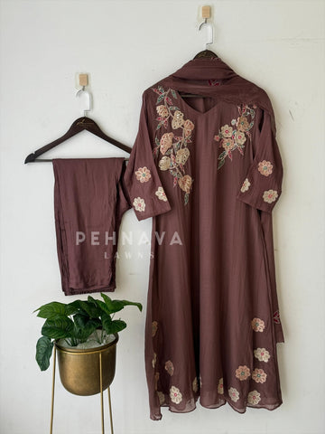 Brown Chanderi Kurtha Suit Set-3181