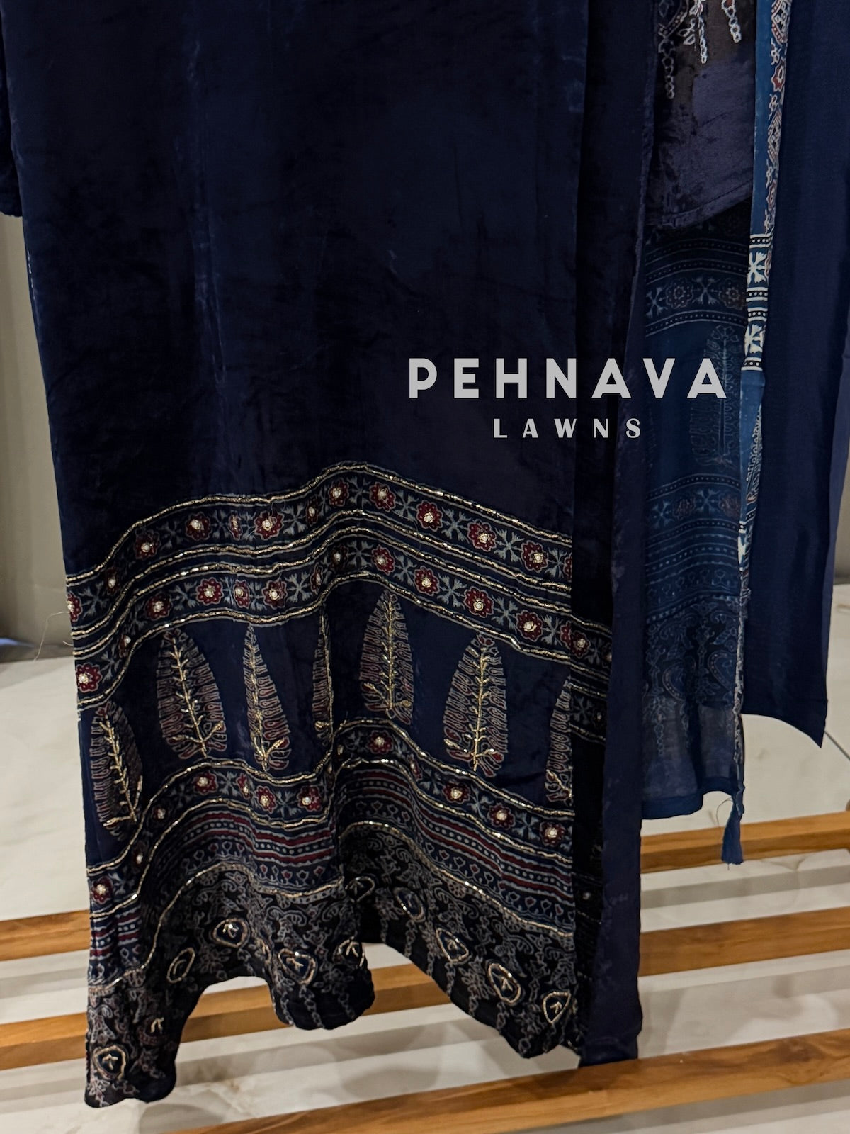 Velvet Ajrak Printed Three Piece Ensemble-1314