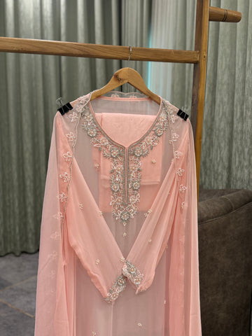 Premium organza  handwork suit with bottom and organza  hand  worked dupatta-2247