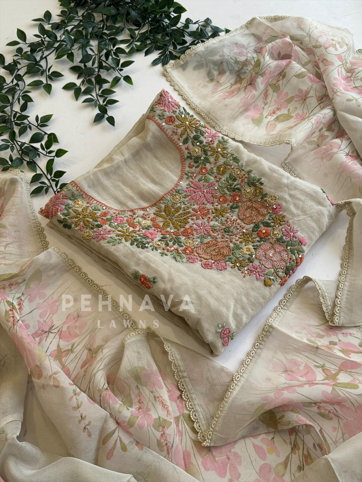 Premium Crushed Tissue Embroidered Unstitched Suit - Pehnava Lawns