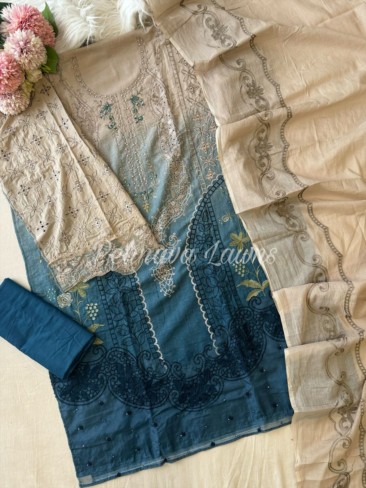 Cotton Embroidered Suit with Cotton Dupata