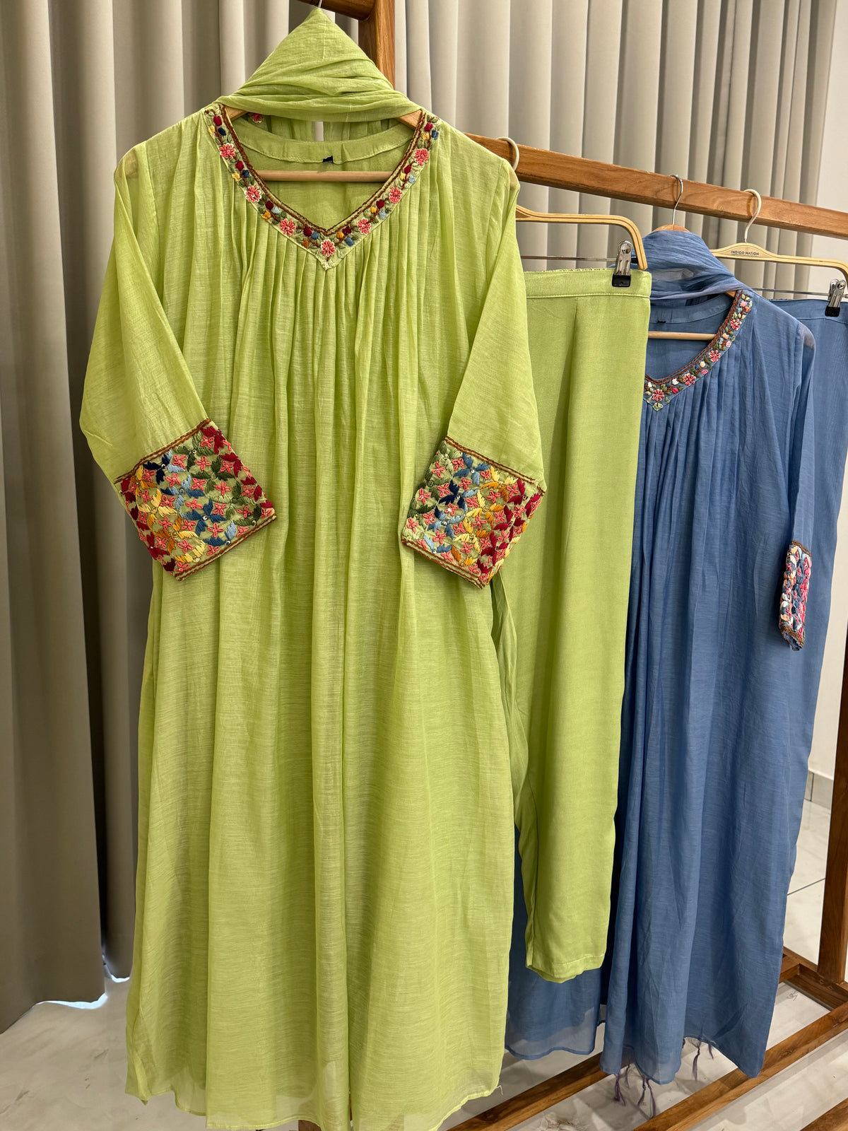 Premium Mul Chandheri A-line suit with hand embroidery