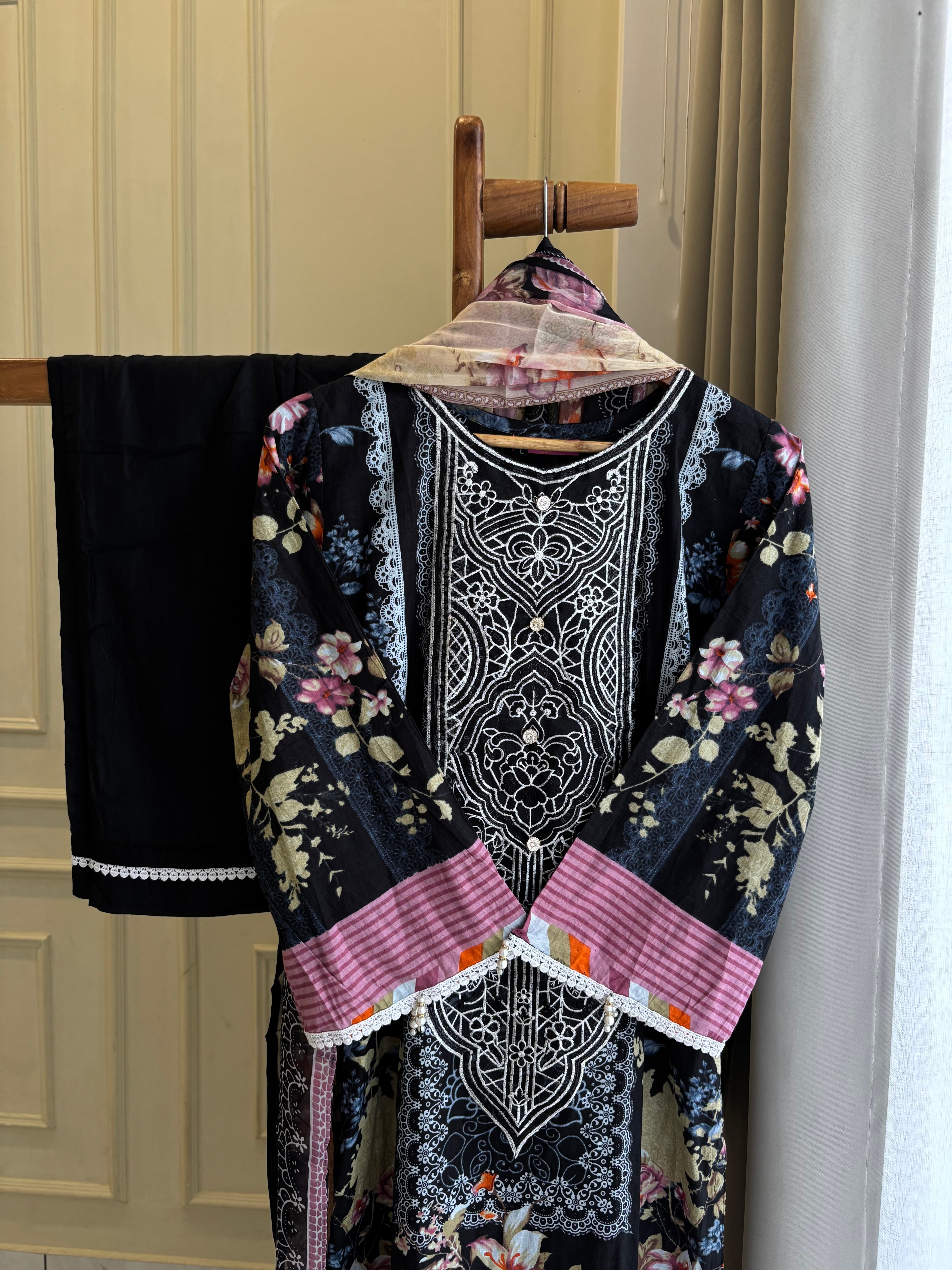 Black Embellished Floral Suit
