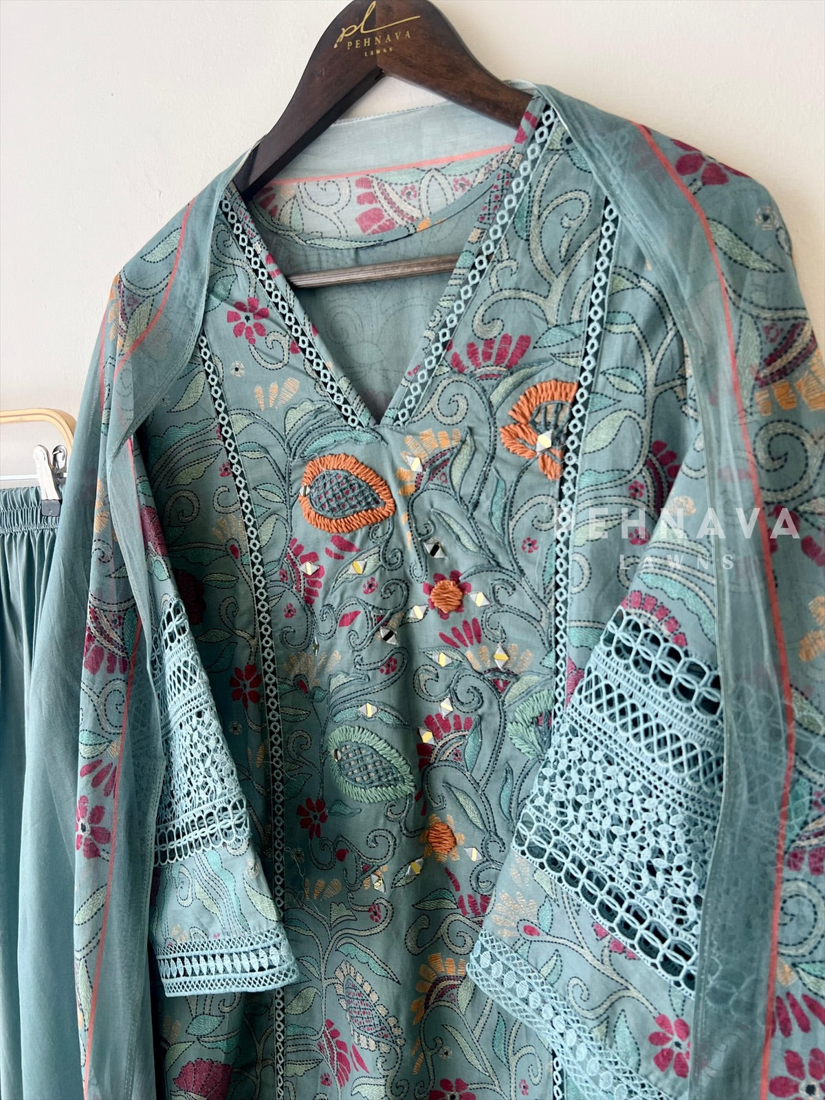 Floral Print Cotton Suit with Lace