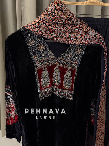 Velvet Ajrak Printed Three Piece Ensemble-1314