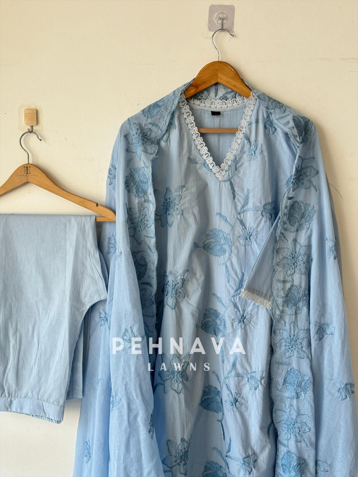Powder Blue Embroidered Premium Cotton Suit Set