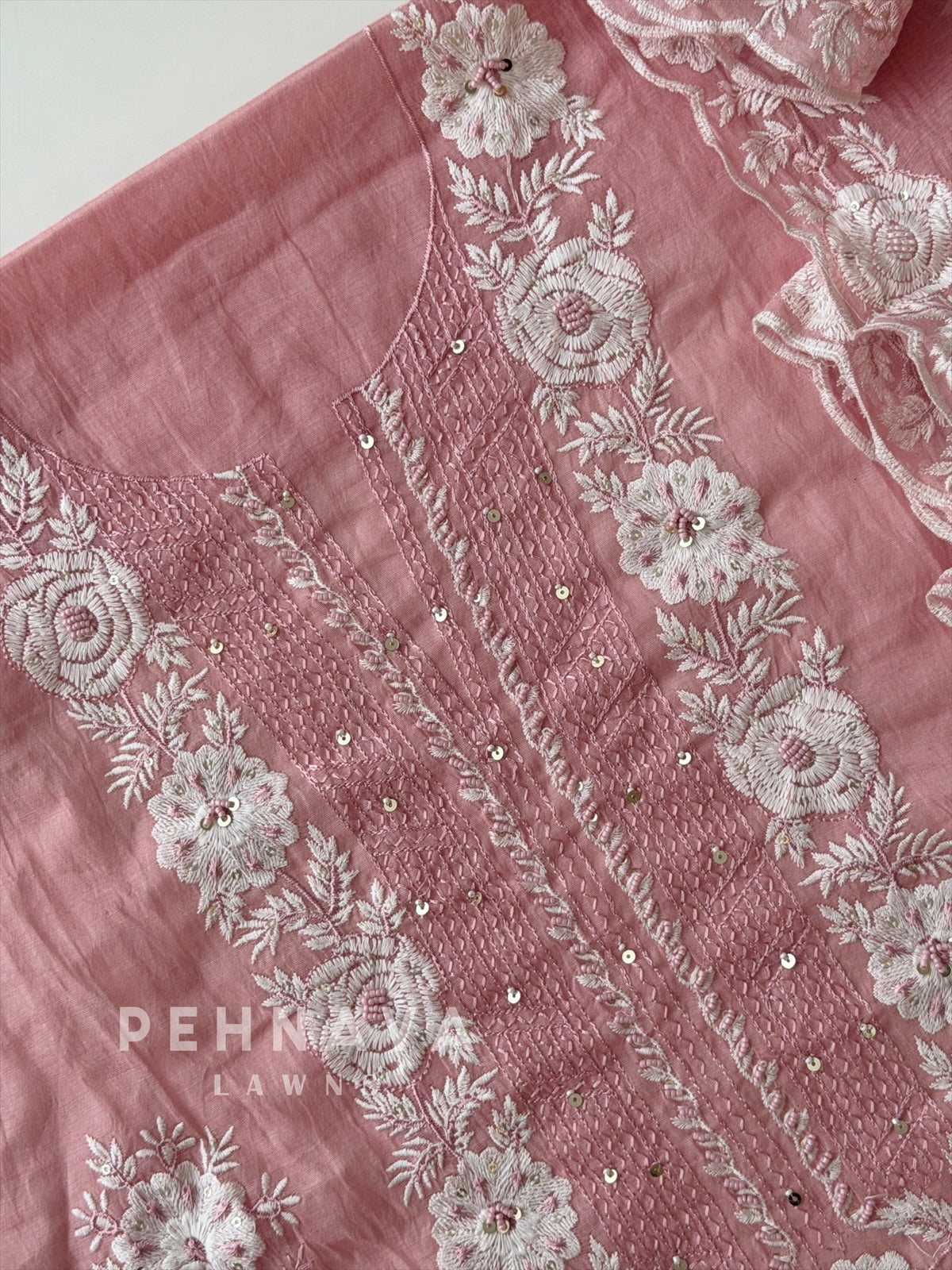 White‑thread Embroidery Unstitched Chanderi Suit-2630