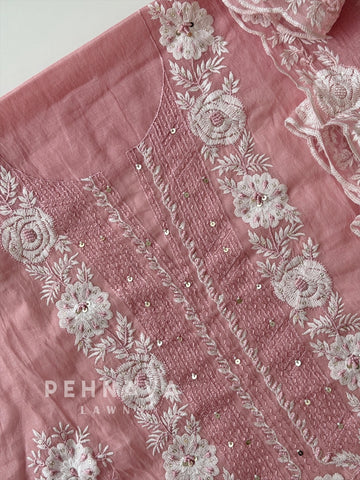 White‑thread Embroidery Unstitched Chanderi Suit-2630