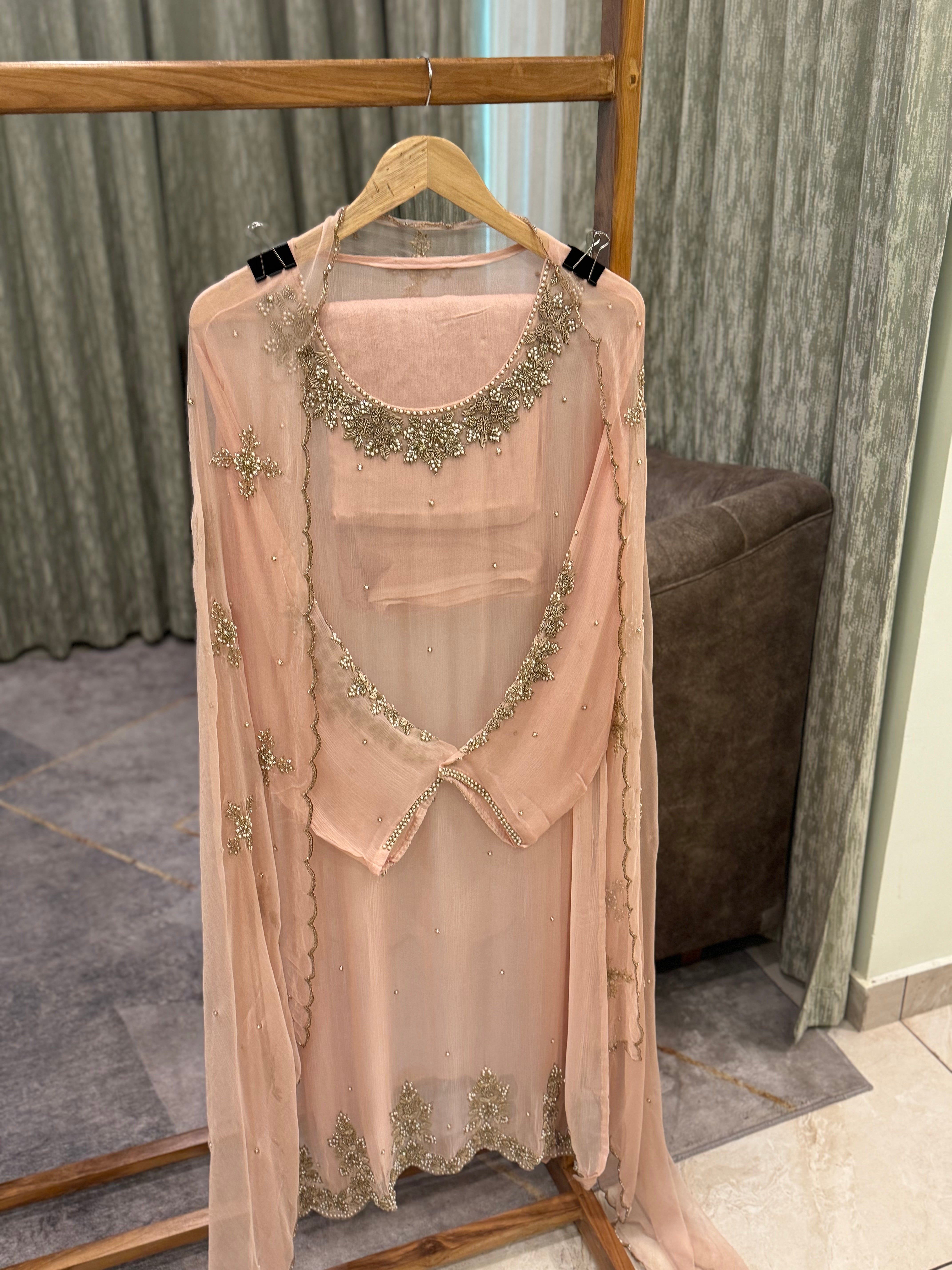 Premium Chiffon handwork suit with bottom and organza dupatta-918