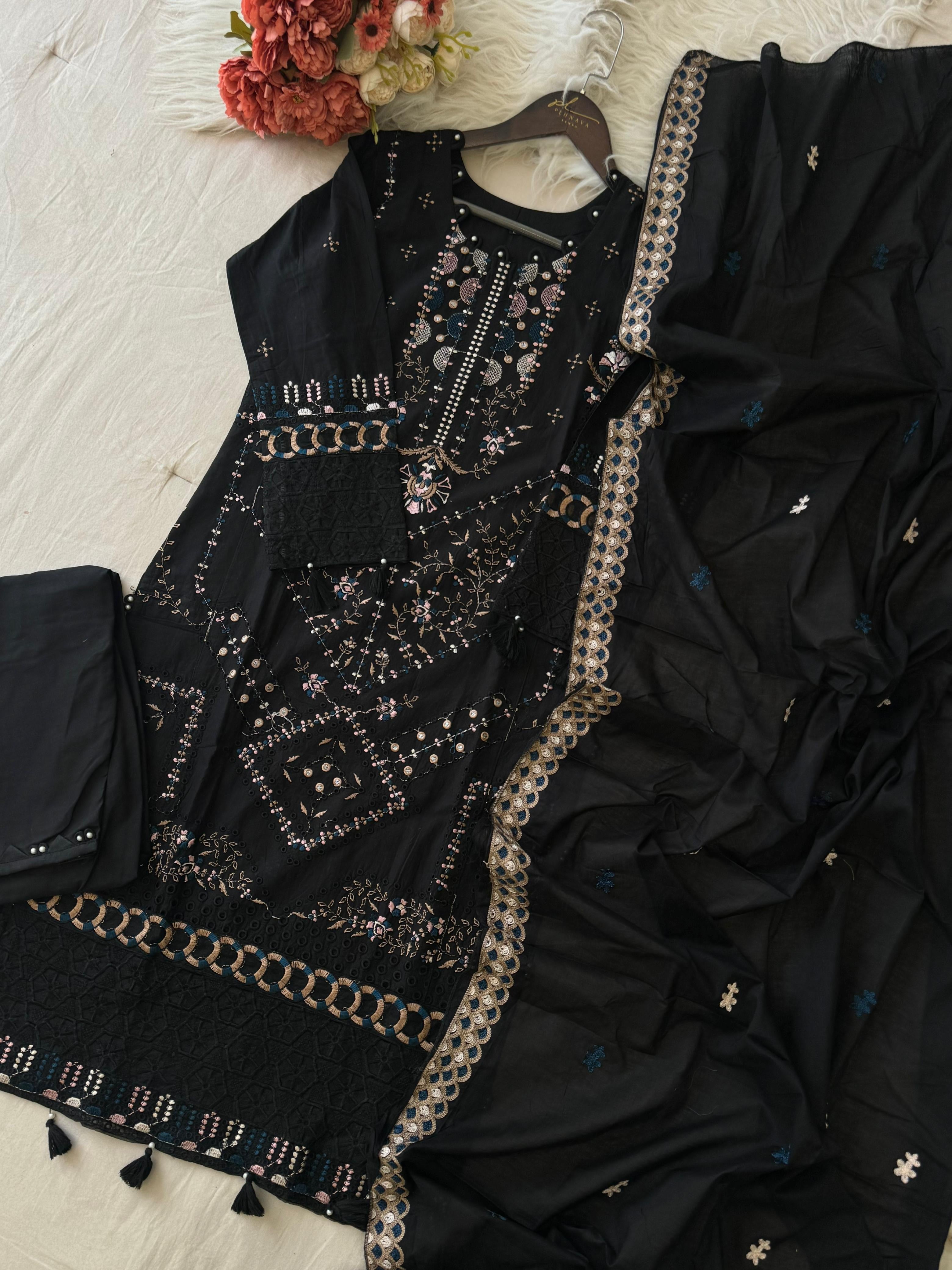 Premium Embroidered Pak-Suit Ft. Cotton Dupatta-Black 3984