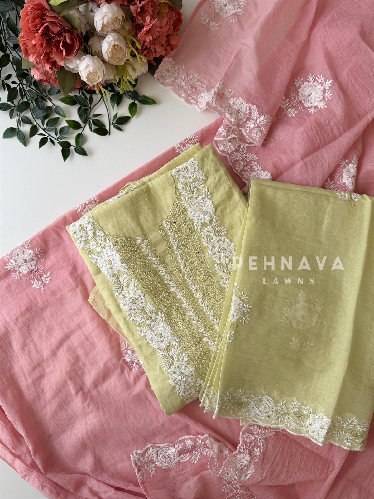 White‑thread Embroidery Unstitched Chanderi Suit-2630