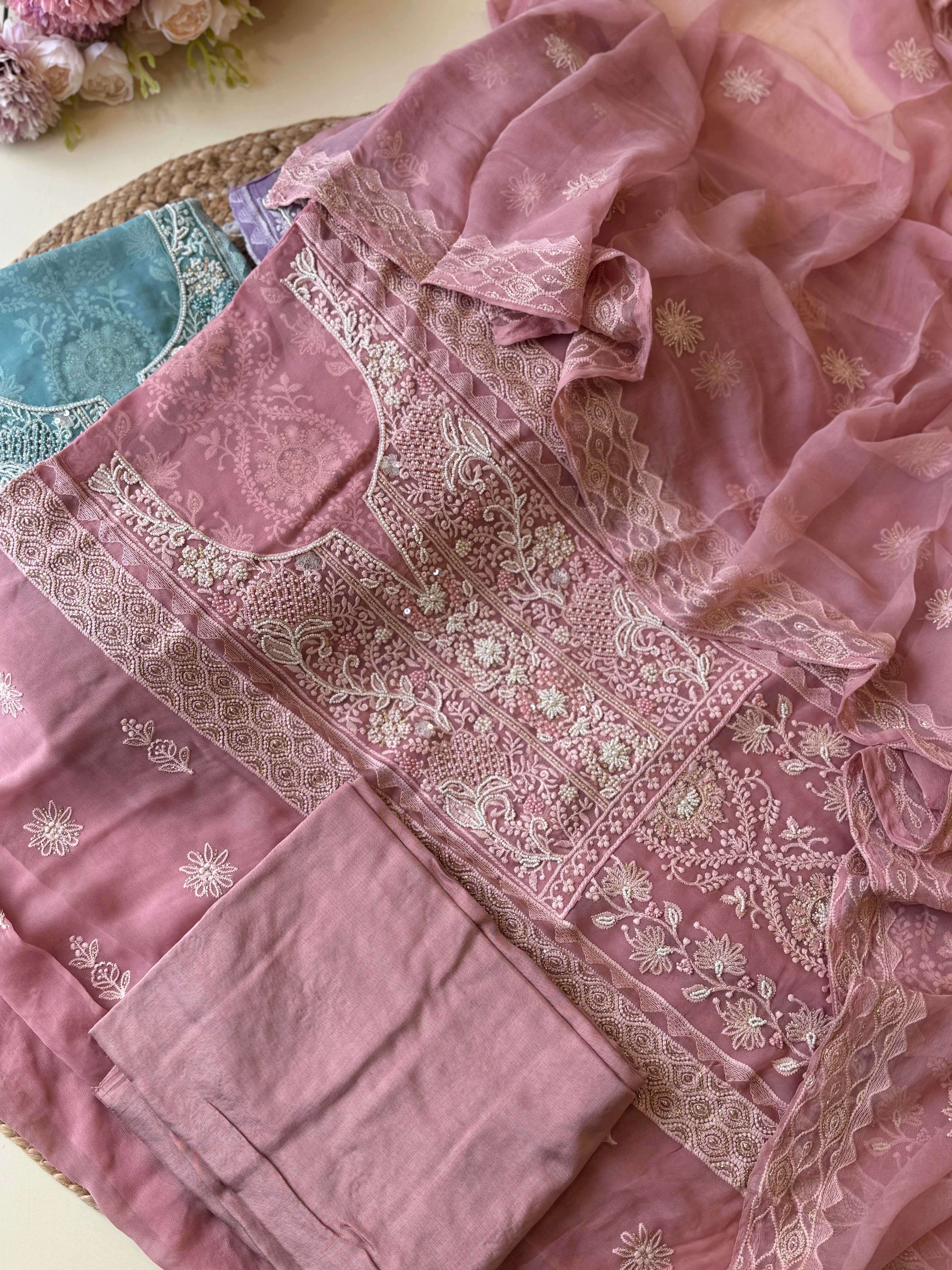 Pure chiffon chikankari handworked suit-9936