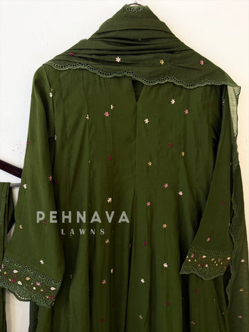 Embroidered Lace-Trimmed Anarkali Set 13407