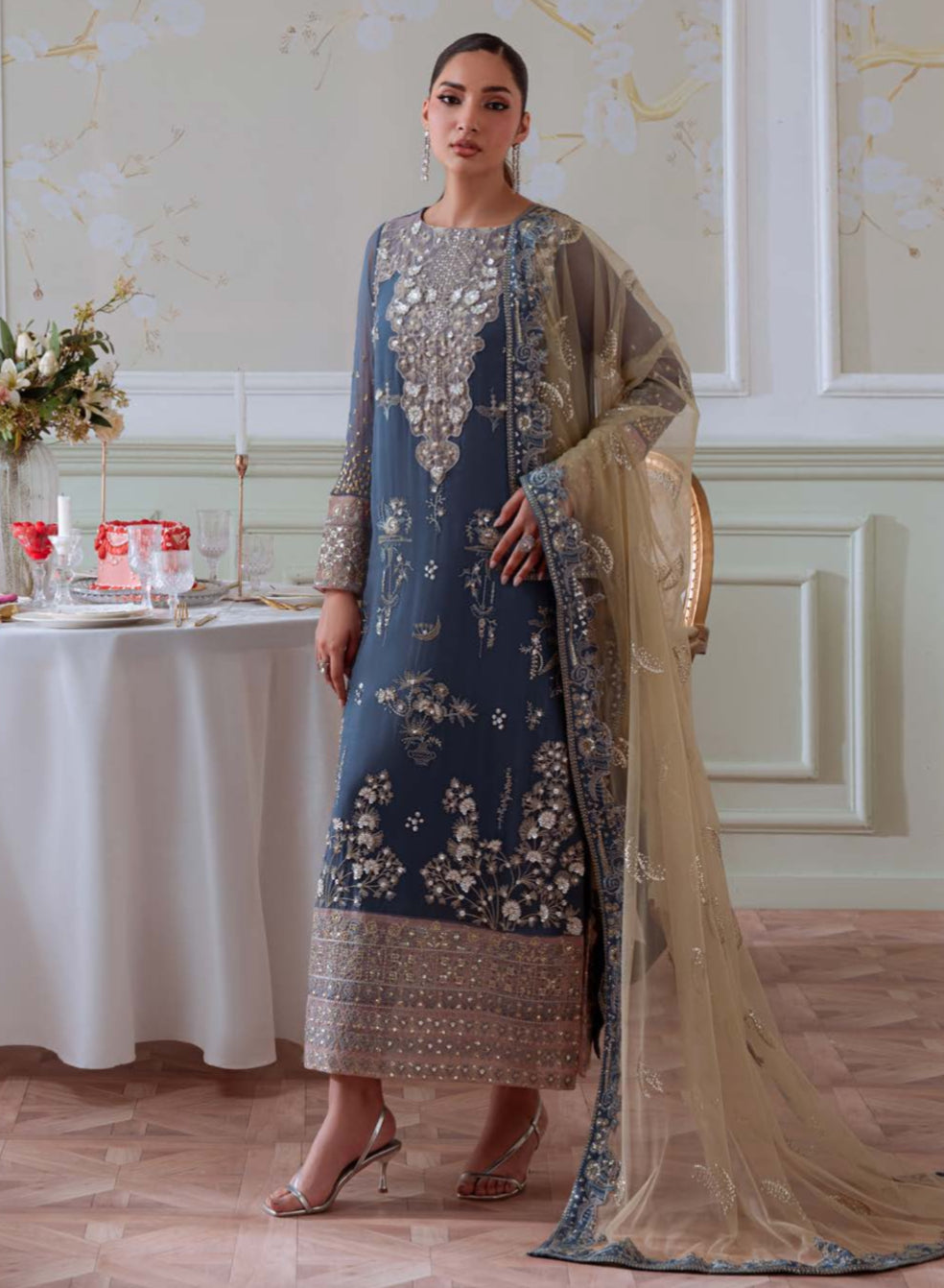 Midnight Bloom Chiffon Suit