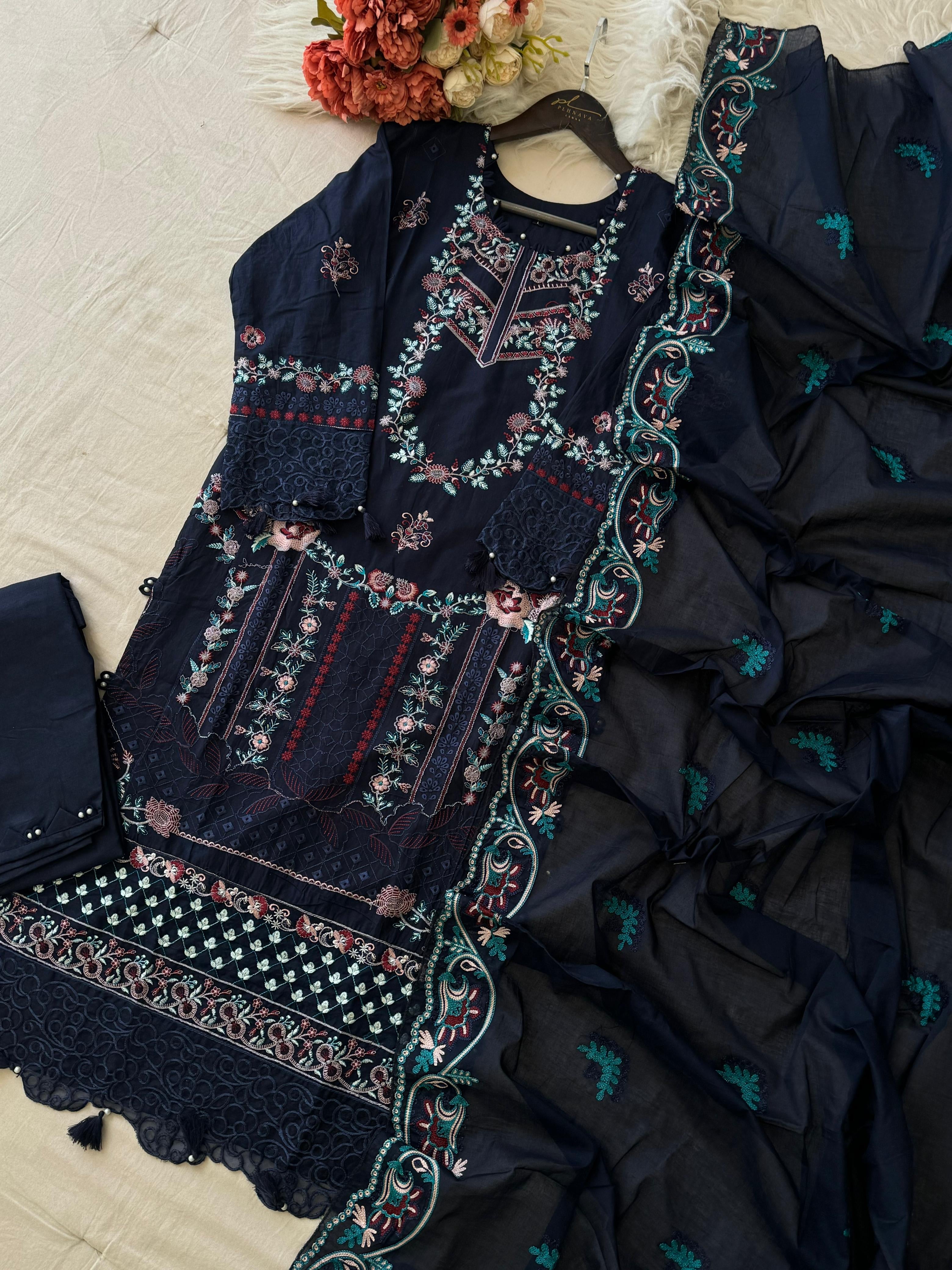 Premium Embroidered Pak-Suit Ft. Cotton Dupatta-Blue - Pehnava Lawns