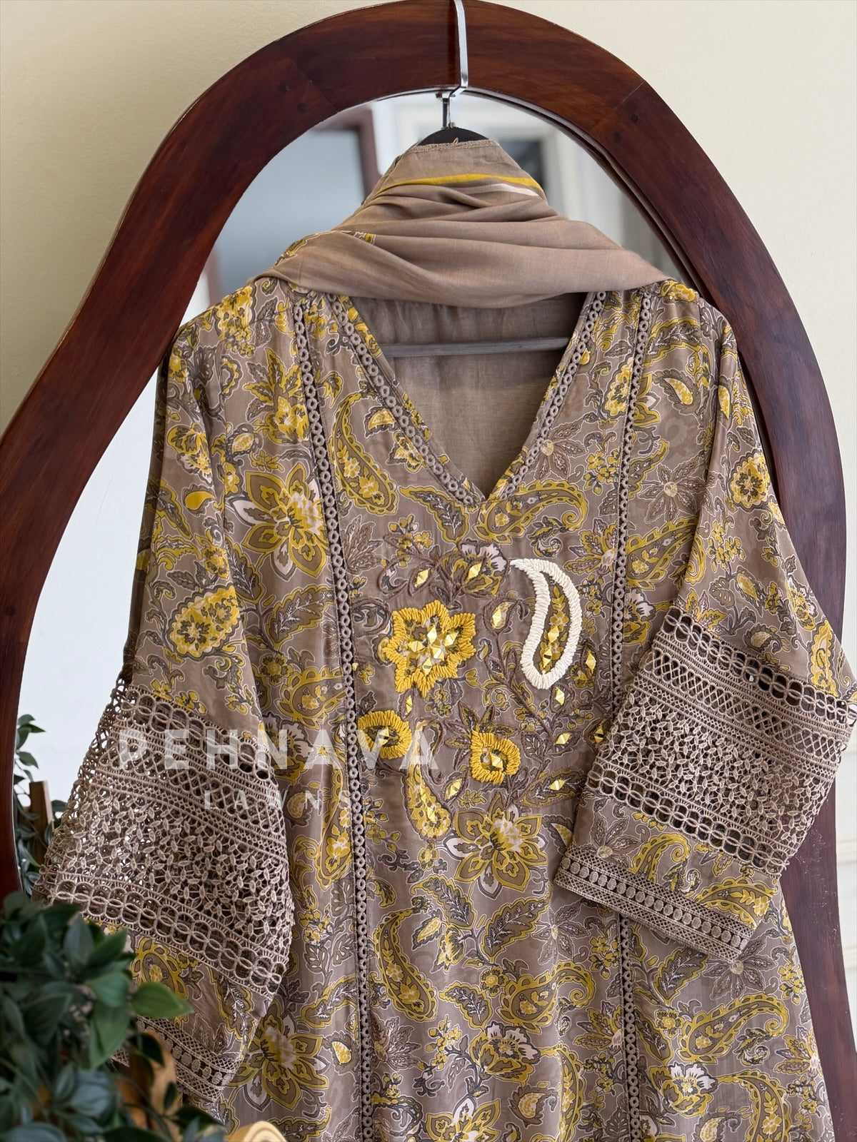 Floral Print Suit with Lace-Olive