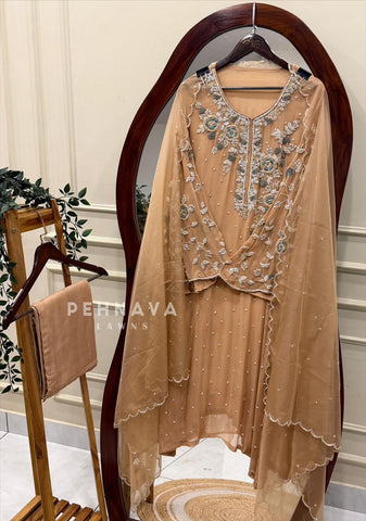 Premium Chiffon Handwork Suit With Bottom and Organza  Hand  Worked Dupatta 1180