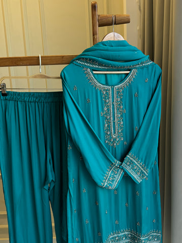 Handworked satin silk Suit with organza heavy dupatta-10160