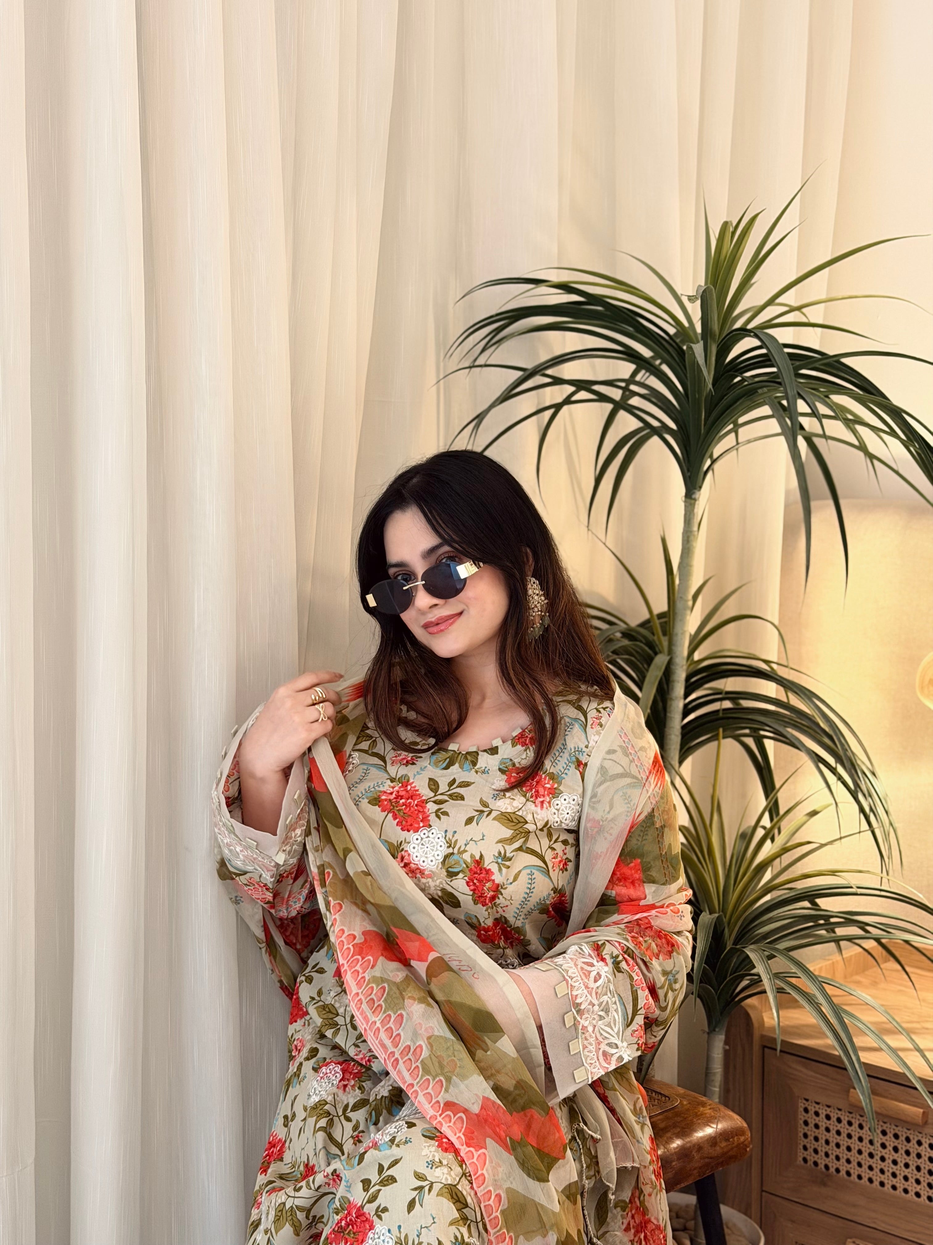 Printed Pakistani Lawn Suit with Embroidered Details 1342 - Pehnava Lawns