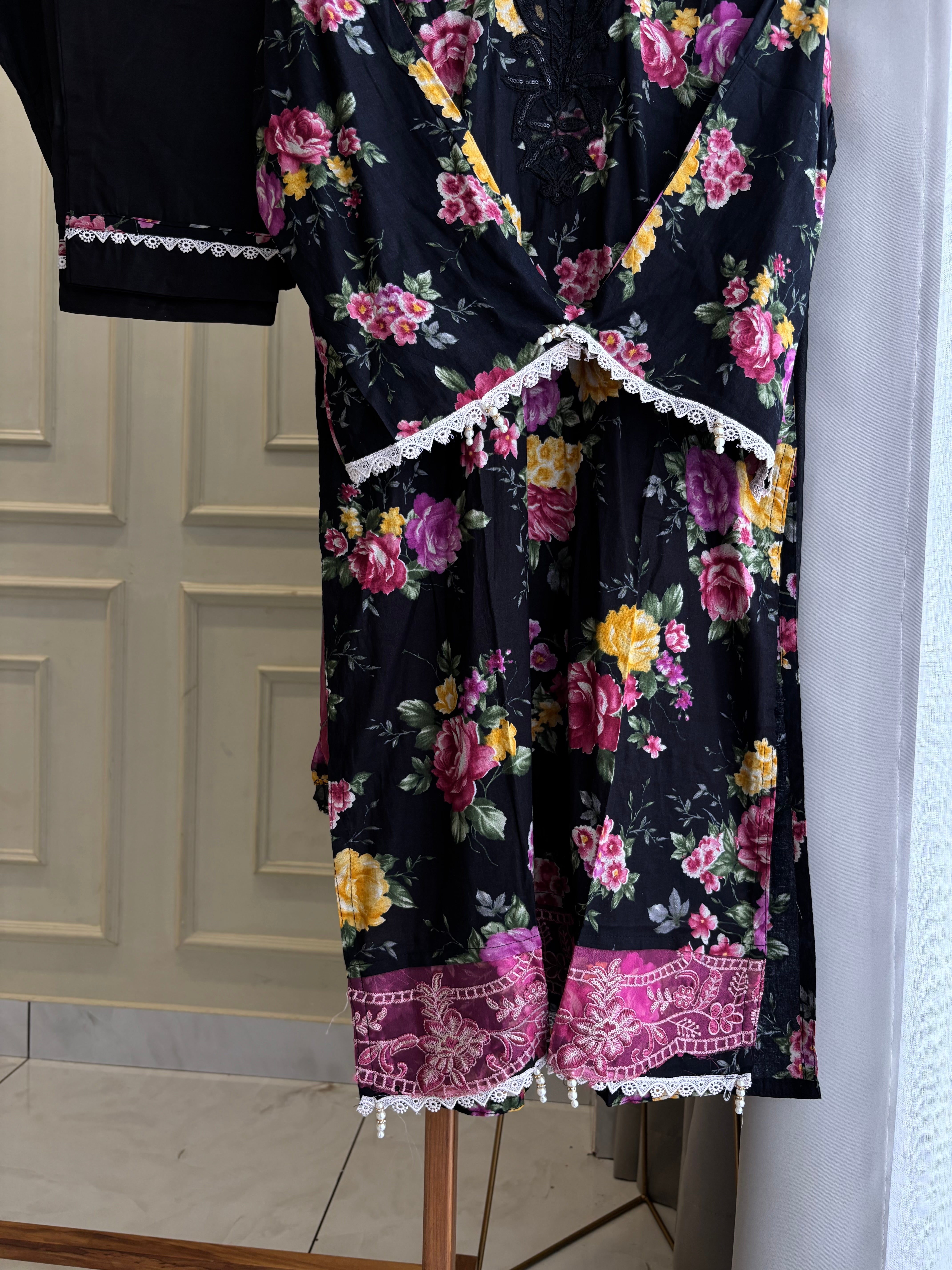 Black Embellished Floral Suit
