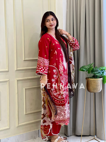 Red Semi-stitched Embroidered Rayon Suit 1451 - Pehnava Lawns