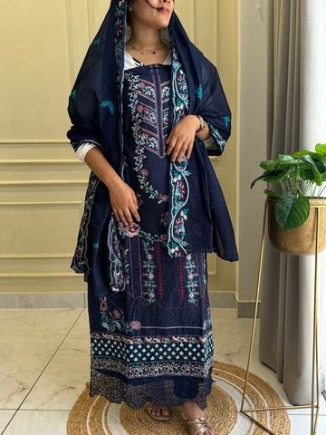 Blue Semistitched Cotton Fully Embroidered Suit