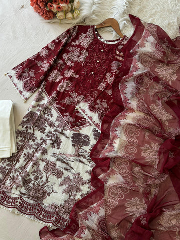 Maroon Floral Printed Pak-Suit 1343 - Pehnava Lawns
