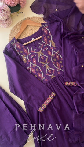Cotton pleated Anarkali suit with Embroidery detailings