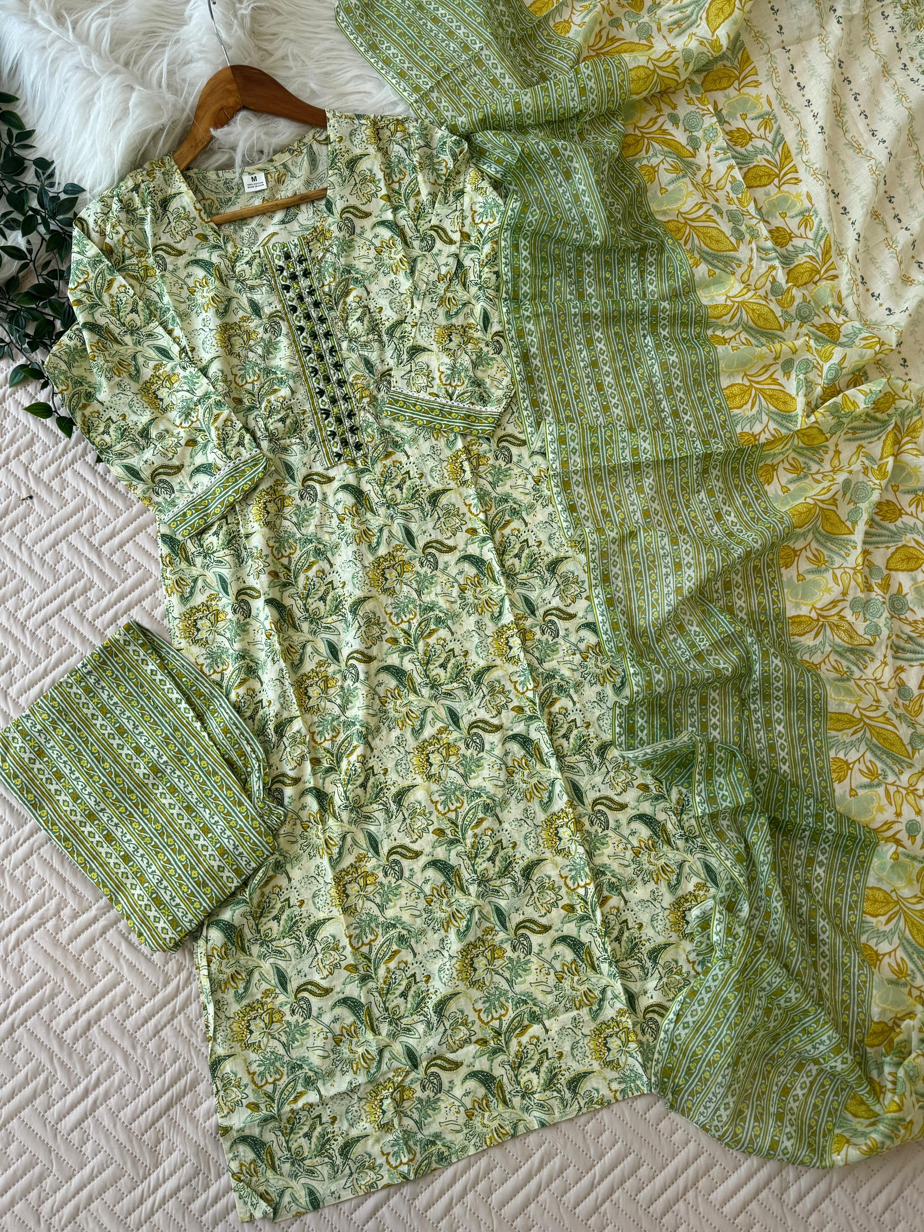 Pure Cotton 3 Piece Suit- Green floral