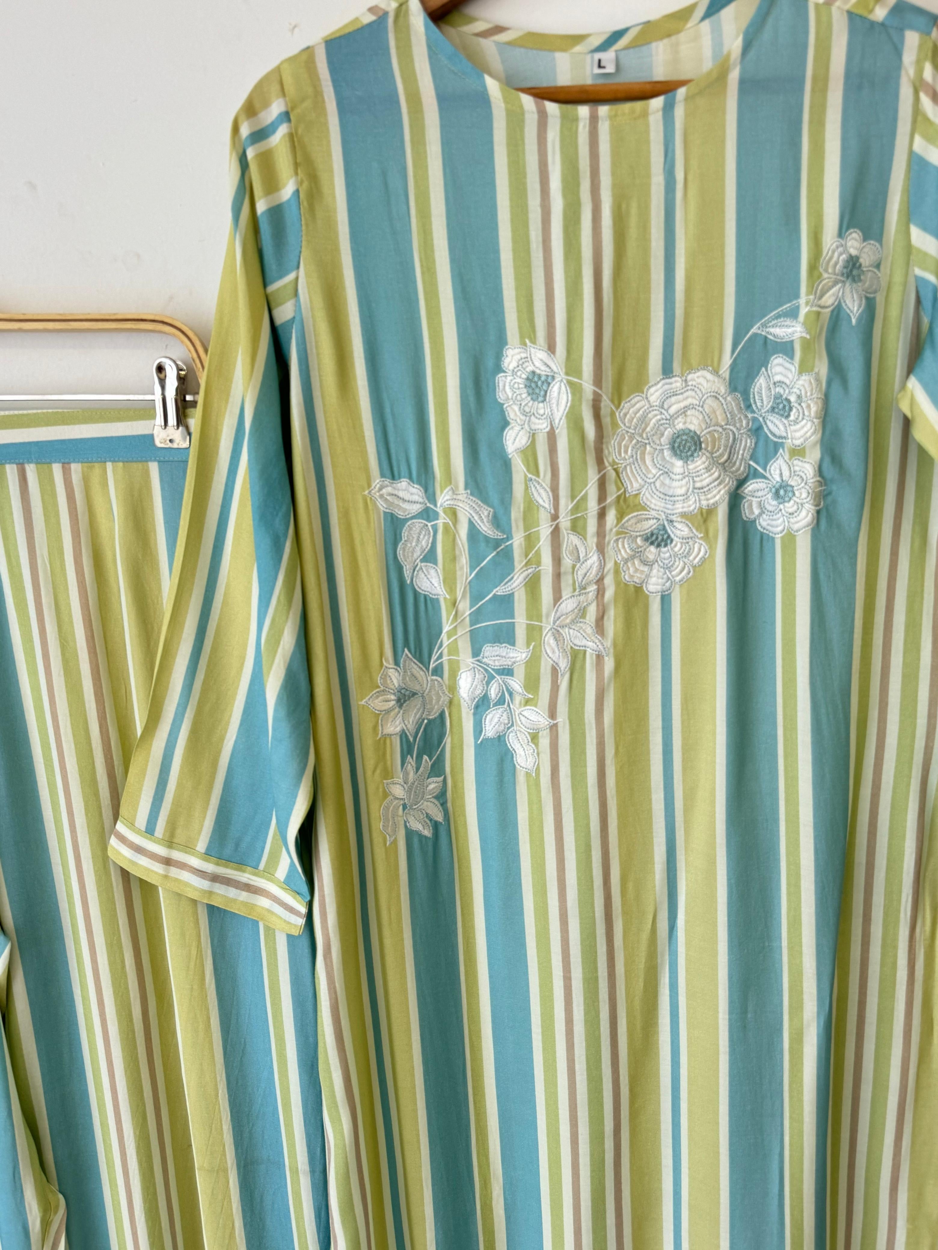Striped Floral Embroidered Suit