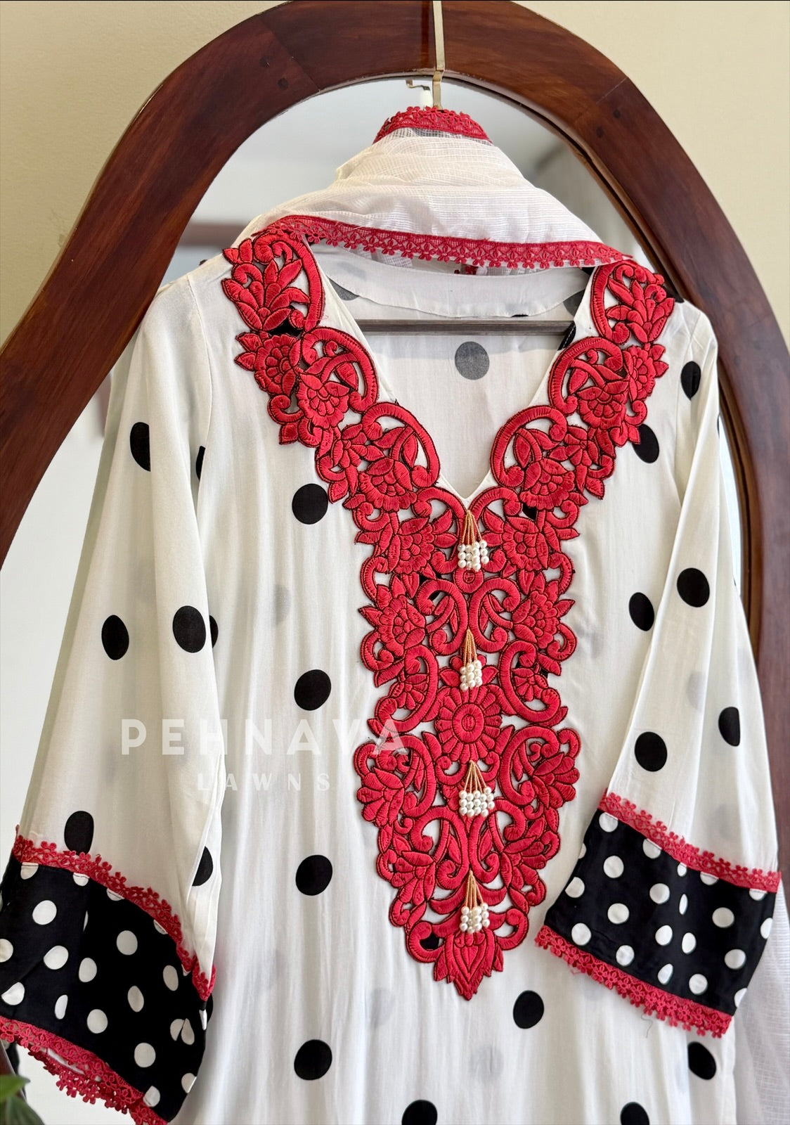 Polka Dot Neck Embellished Farshi Shalwar Set LRC 385