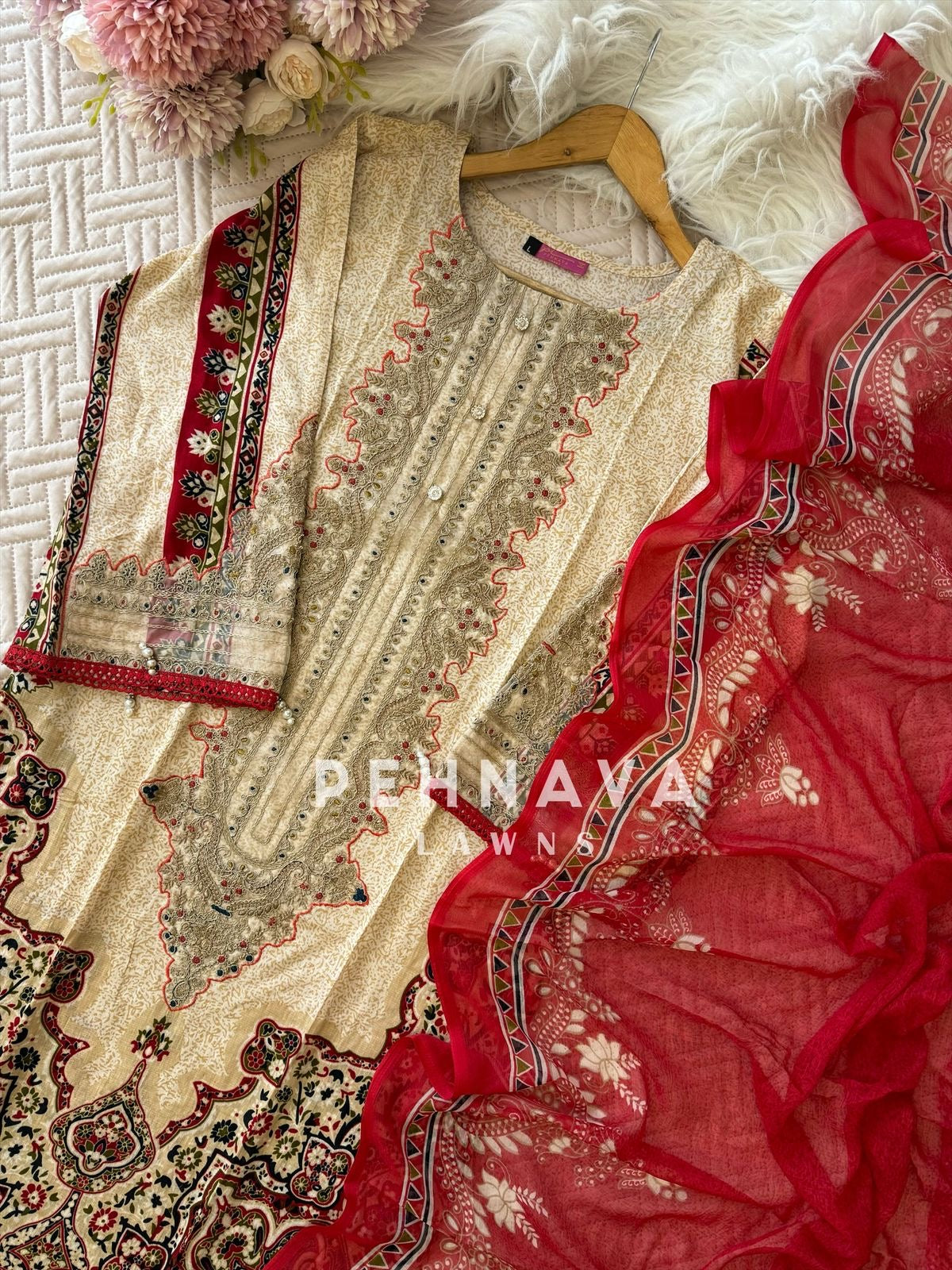 Printed casual suit with chiffon dupatta