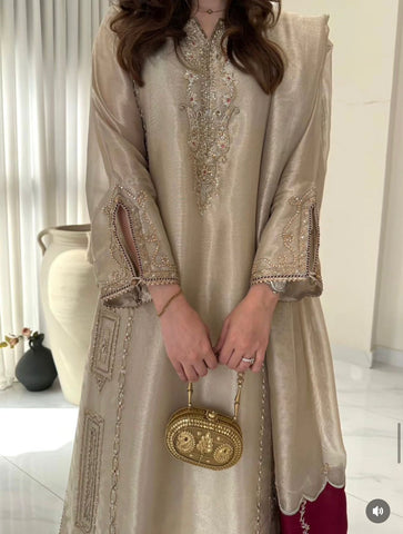 Beige Shimmer Party wear with Organza Dupatta - Pehnava Lawns