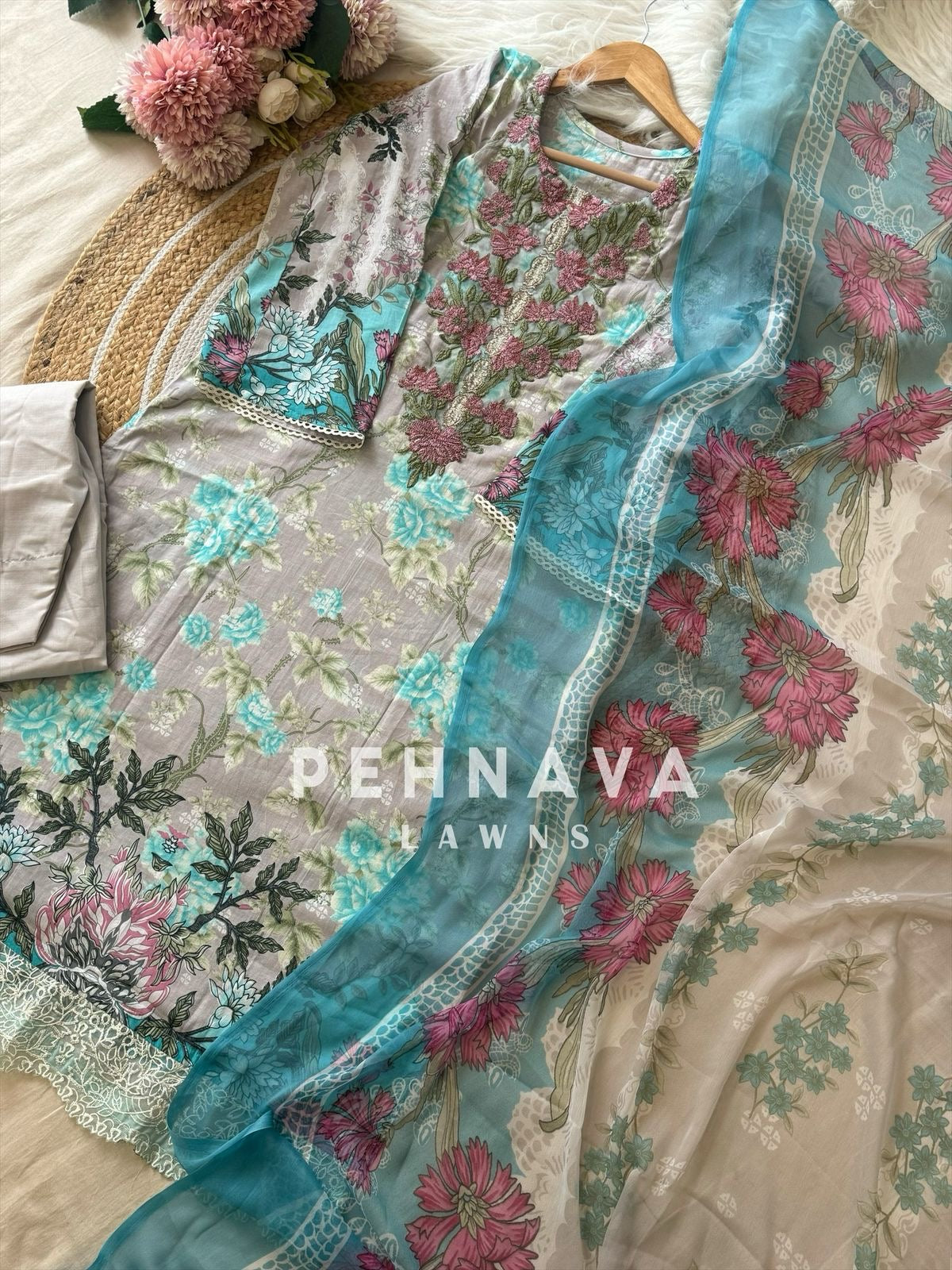 Pakistani printed cotton suit with embroidered patches -9088