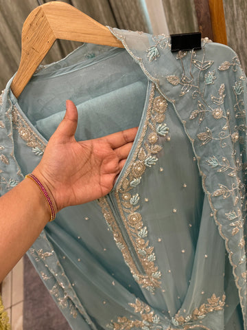 Premium organza  handwork suit with bottom and organza  hand  worked dupatta-1098