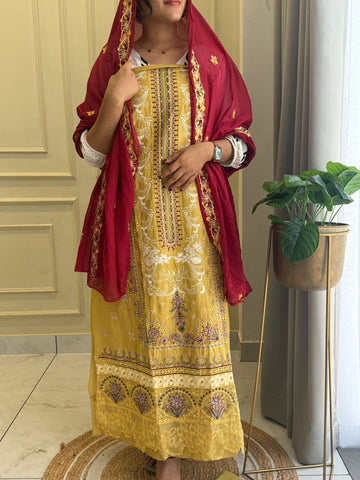 Yellow Semistitched Cotton Fully Embroidered Suit