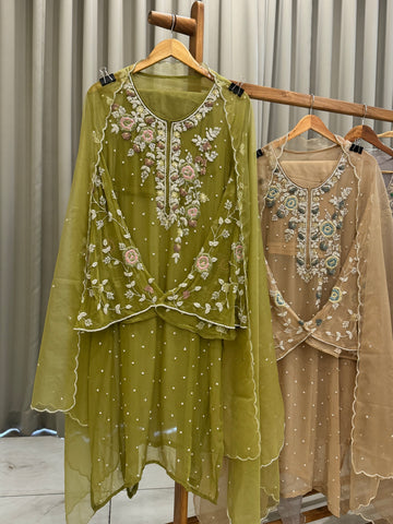 Premium Chiffon handwork suit with bottom and organza  hand  worked dupatta-1180
