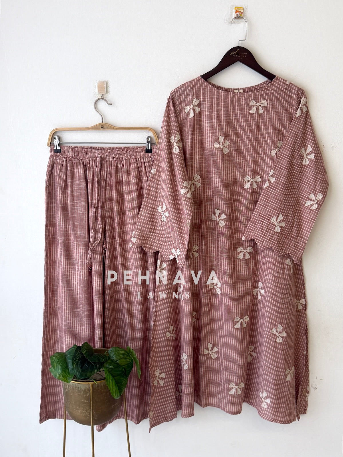 Striped Bow-Embroidered Co-ord Set-6242