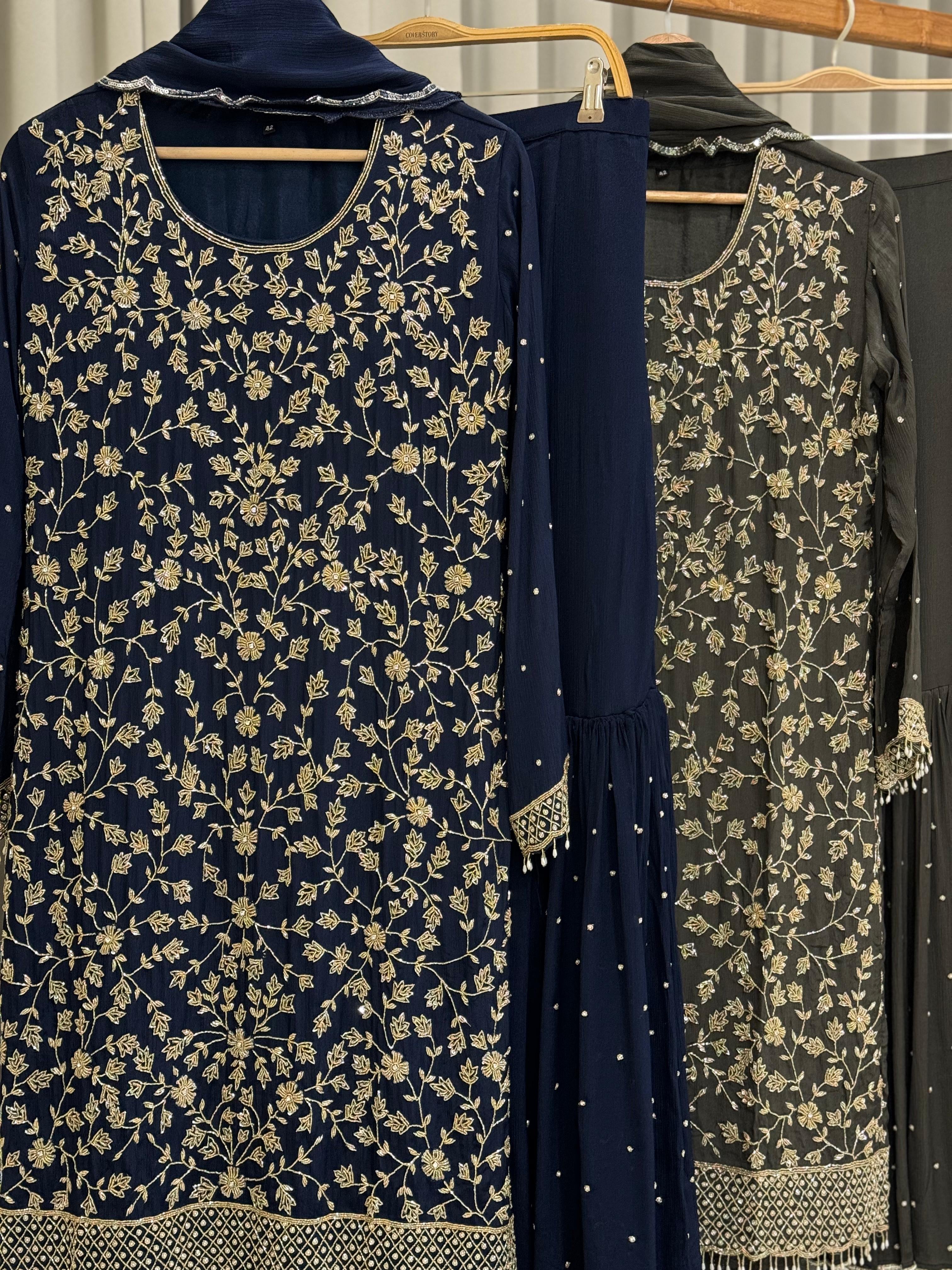 Heavy hand-worked suit with wide sharara
