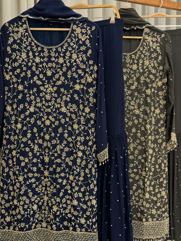 Heavy hand-worked suit with wide sharara