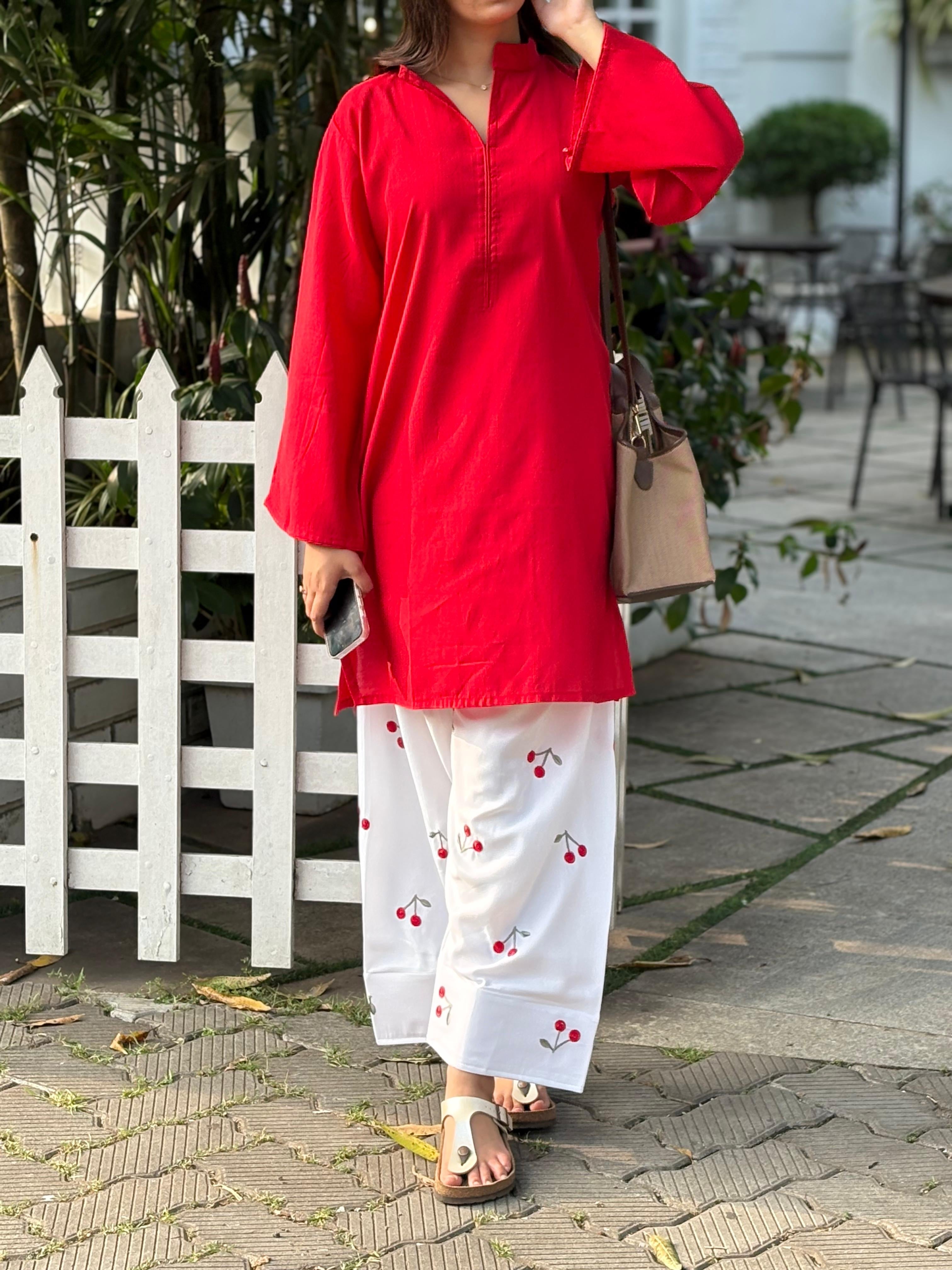 Red and White Trendy Farshi Salwar - Pehnava Lawns