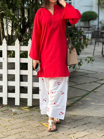 Red and White Trendy Farshi Salwar - Pehnava Lawns